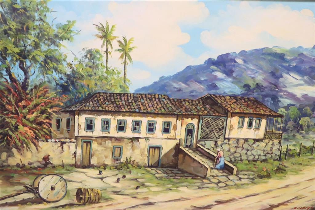 Chediac (20thC Brazilian), six oils on canvas, Portraits in landscapes, largest 66 x 107cm
